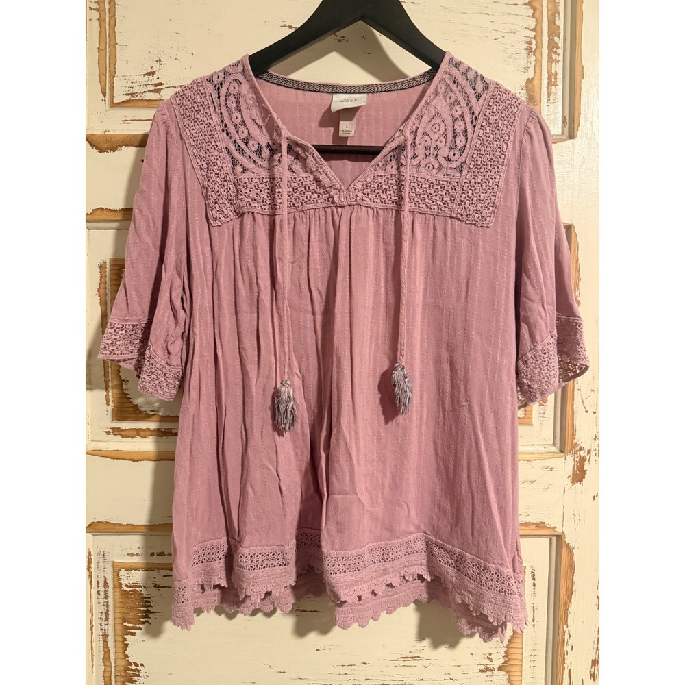 Knox Rose Boho Lace Crochet Peasant Top Pink Short Sleeve Tassel Blouse Large